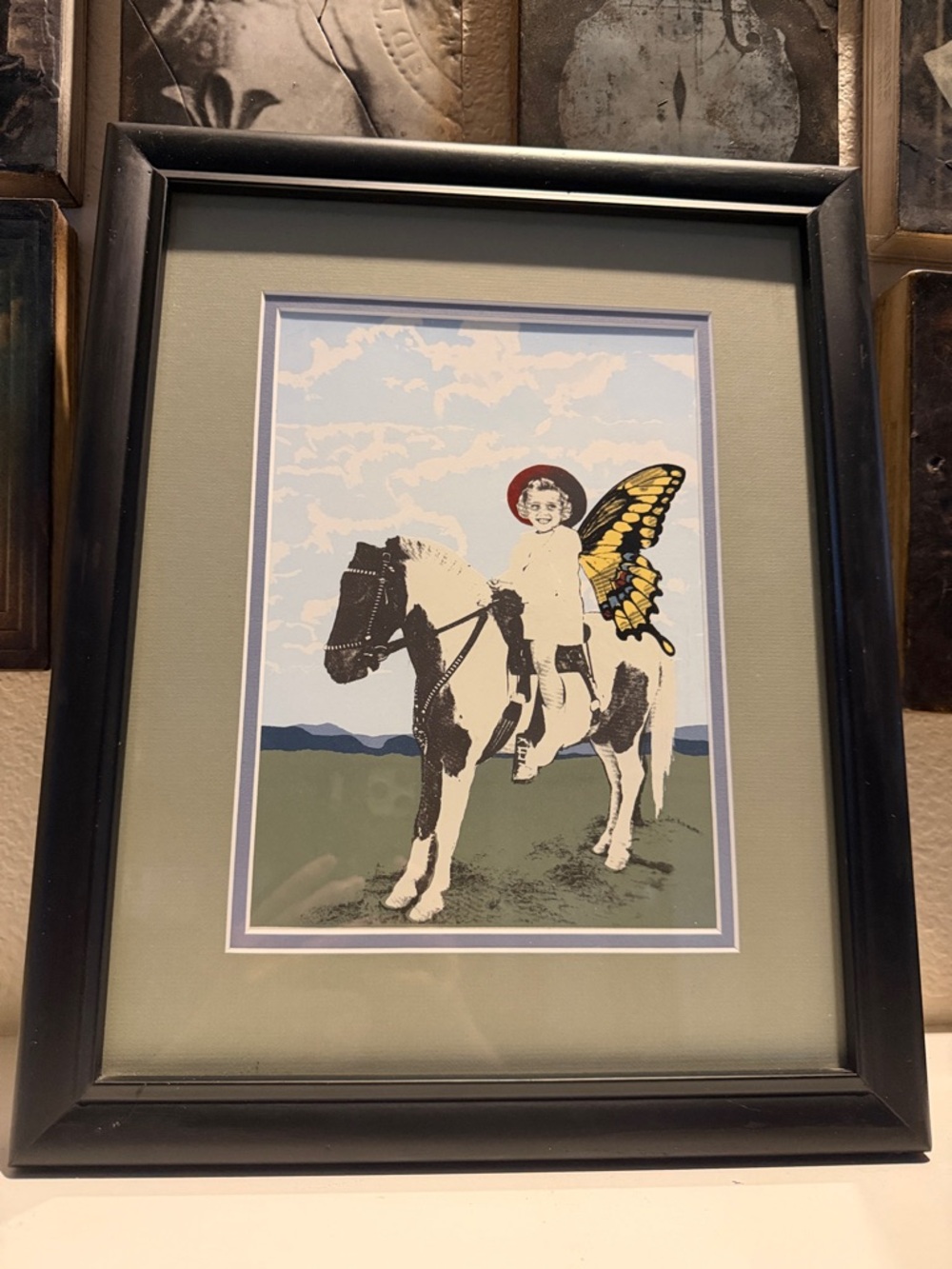 Framed Surreal Art Child on Horse Butterfly Wings‎ Whimsical Wall Decor